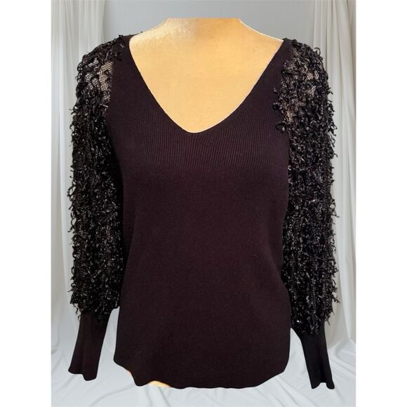 Siani Milano Black Knit Top Sz M Scoop Neck Embellished Net Sleeves Knit Cuffs - Picture 1 of 7